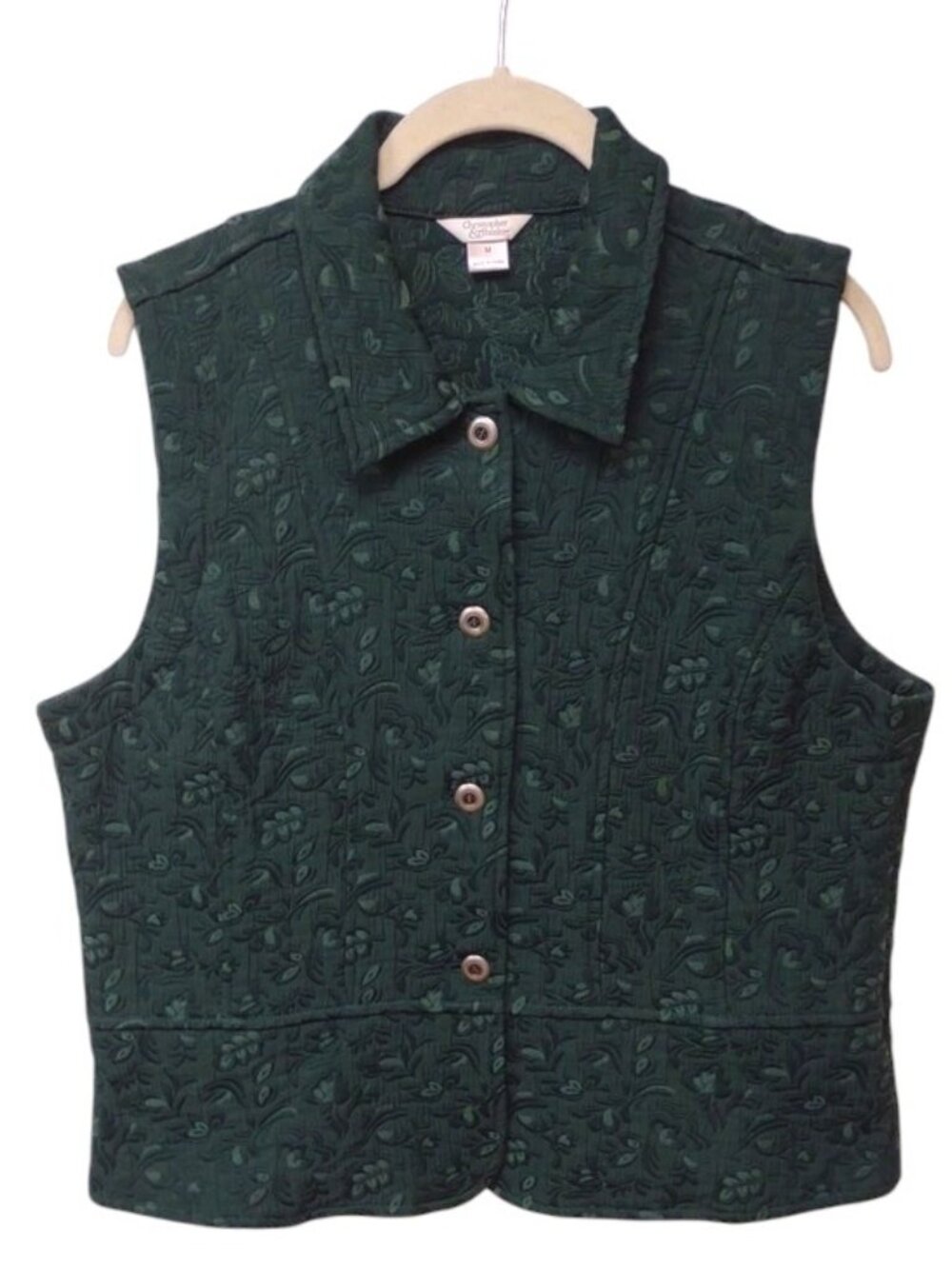 Christopher & Banks Vtg Women's Forest Green Floral Jacquard Button Front Vest